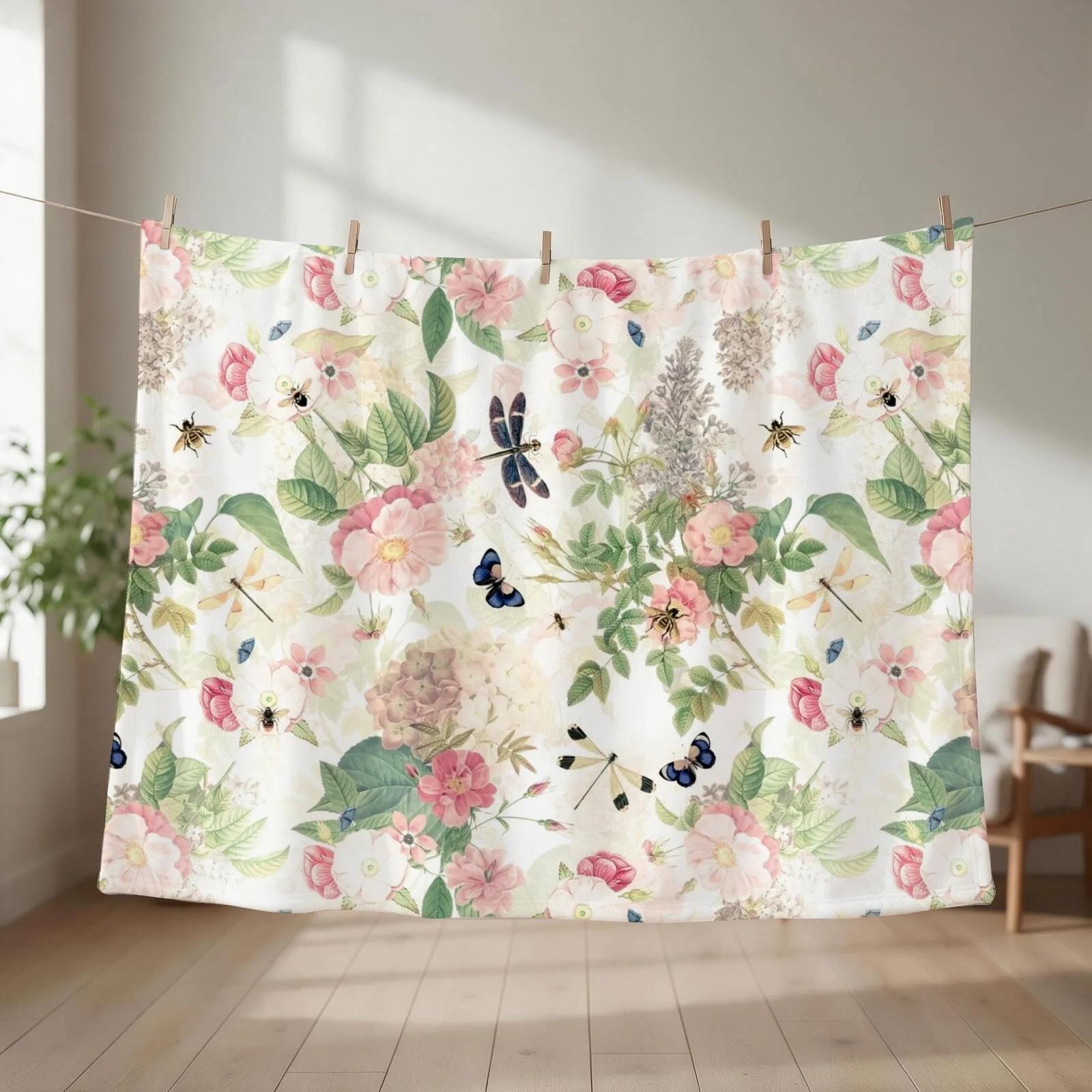 UtART - Vintage Roses Spring Flower And Early Insects Pattern - Sepia Blush Cream white Throw Blanket Summer Beddings Blankets