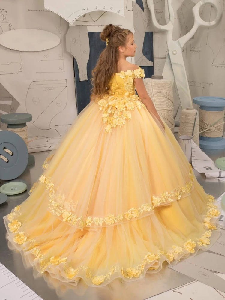 Yellow Flower Girl Dresses For Wedding Appliques Tiered Tulle Pageant Dress Toddler Girls Off The Shoulder Birthday Party Gown