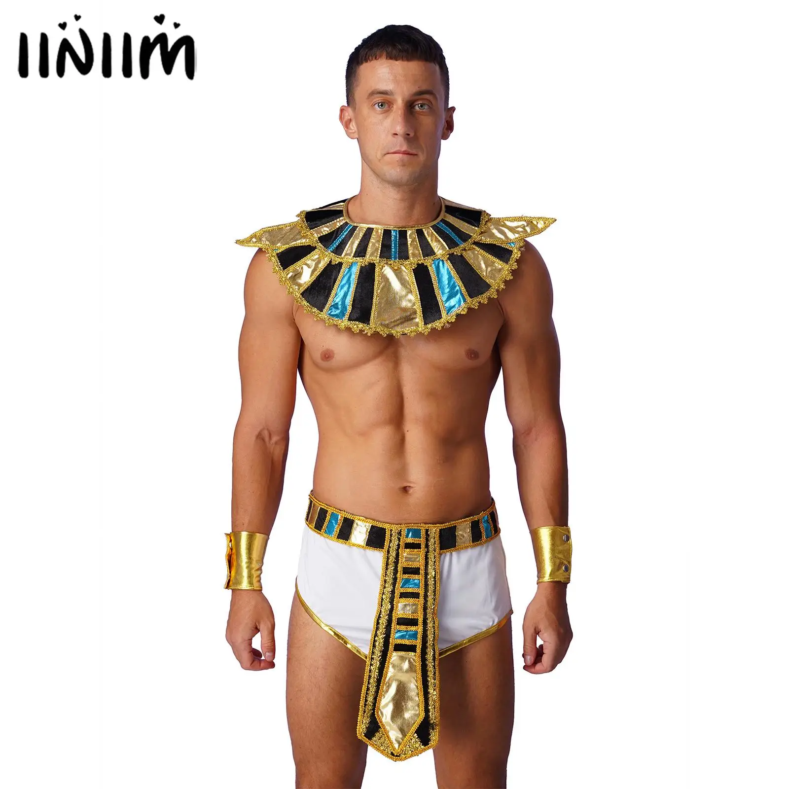

Mens Egyptian Pharaoh King Cosplay Costume Sexy Low Rise Skirt with Collar Belt Cuffs Halloween Party Egypt Role Play Clothes