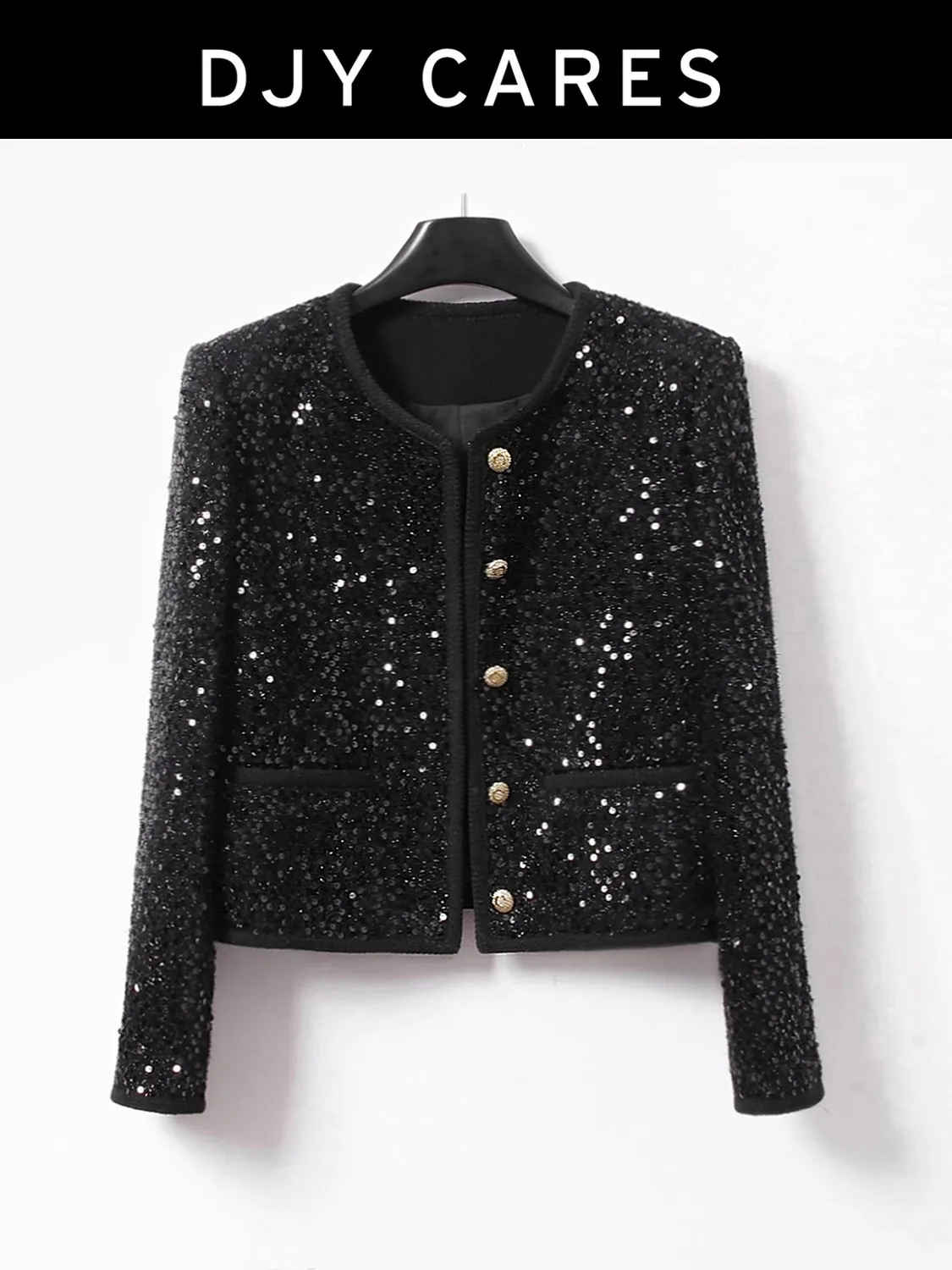 

New Coarse tweed heavyweight special fancy sequins noble black high-end jacket top