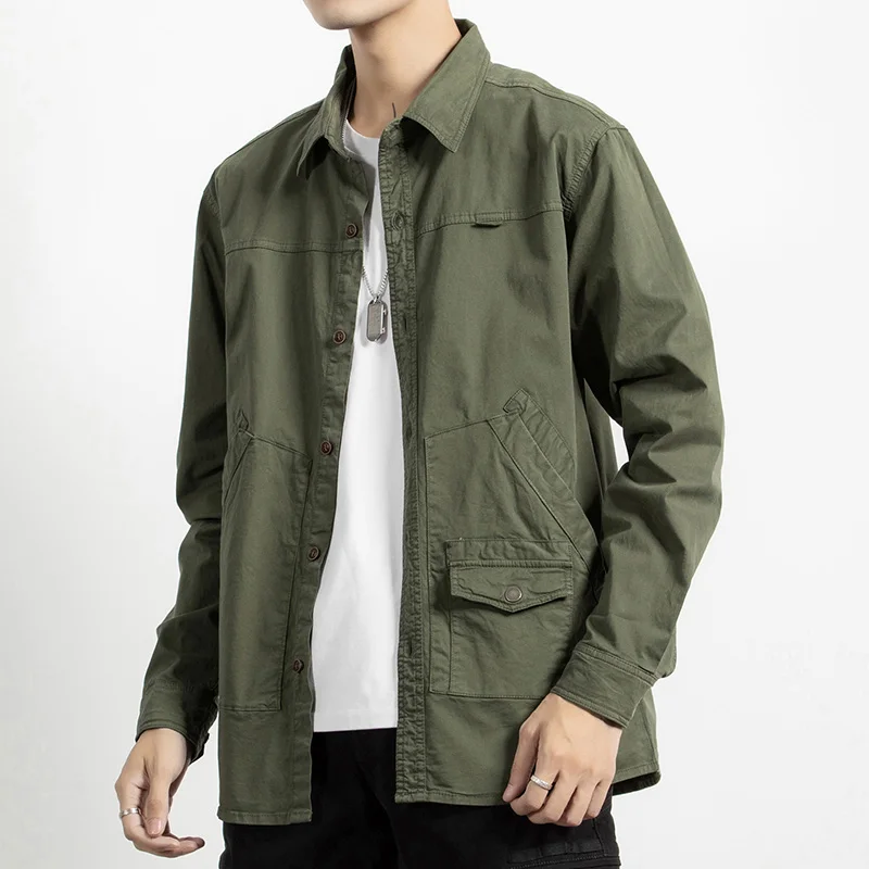 Spring Autumn New Men's Casual Long Sleeve Cargo Shirts 95%Cotton Trendy Fashion Versatile Workwear Jacket Retro Coat