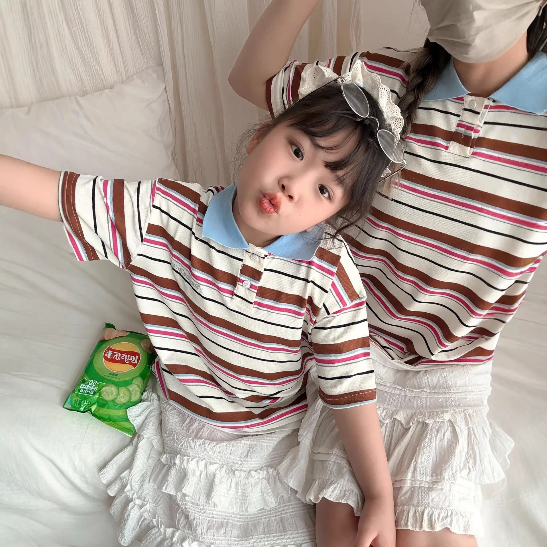2026 Summer Mommy and Me Matching Striped Polo Shirt Family Outfit Casual Short Sleeve Cotton Top for Mom Dad Daughter Son