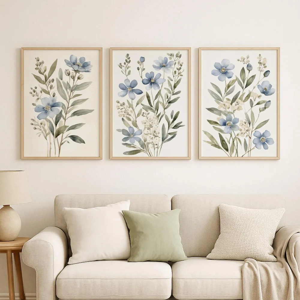 Frameless Blue Wildflower Watercolor Printing,Plant Wall Art,Digital Download,Flower Printing,Living Room Kitchen Wall Art Decor