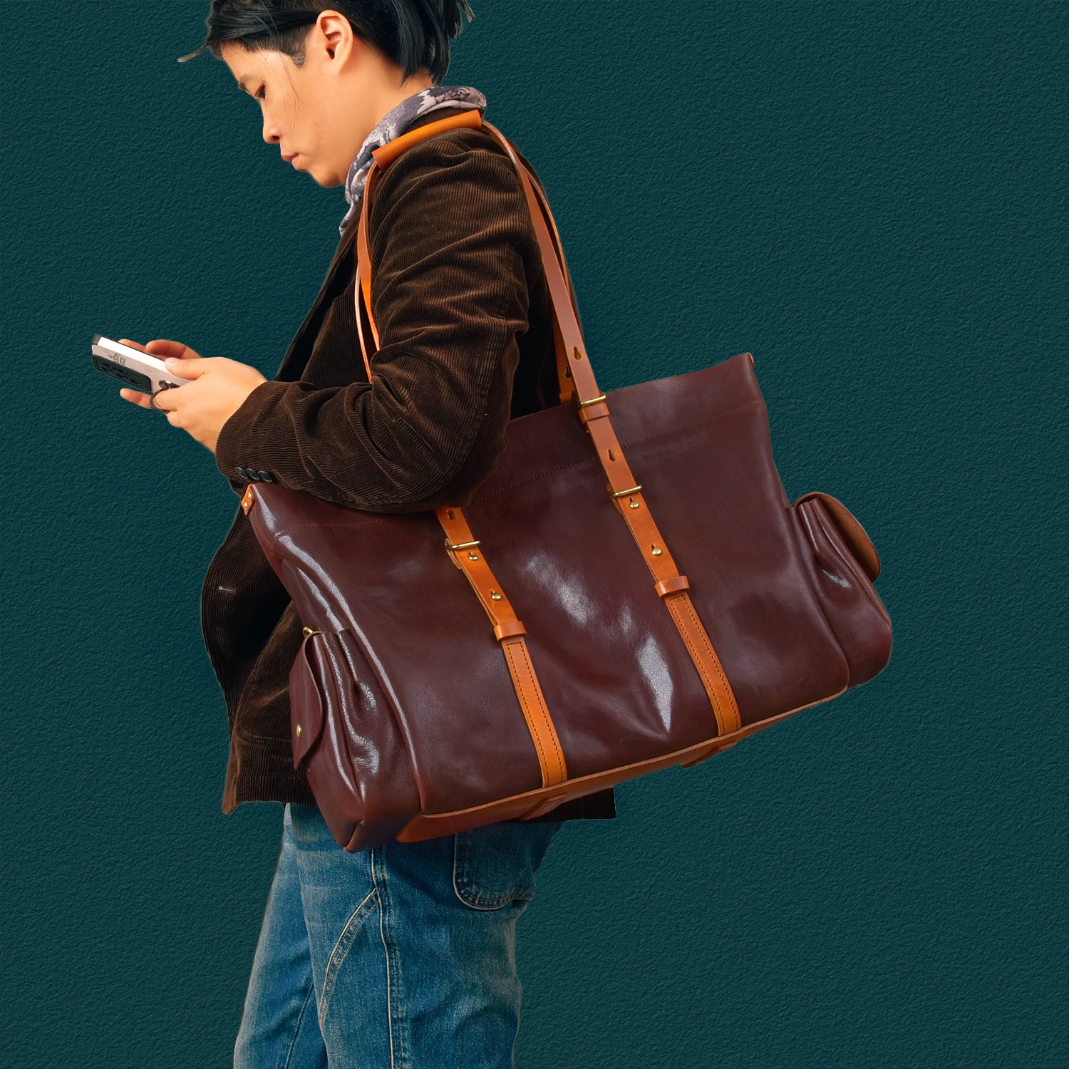 casual luxury handmade genuine leather men large-capacity travel bags organizers vintage vegetable tanned cowhide handbag