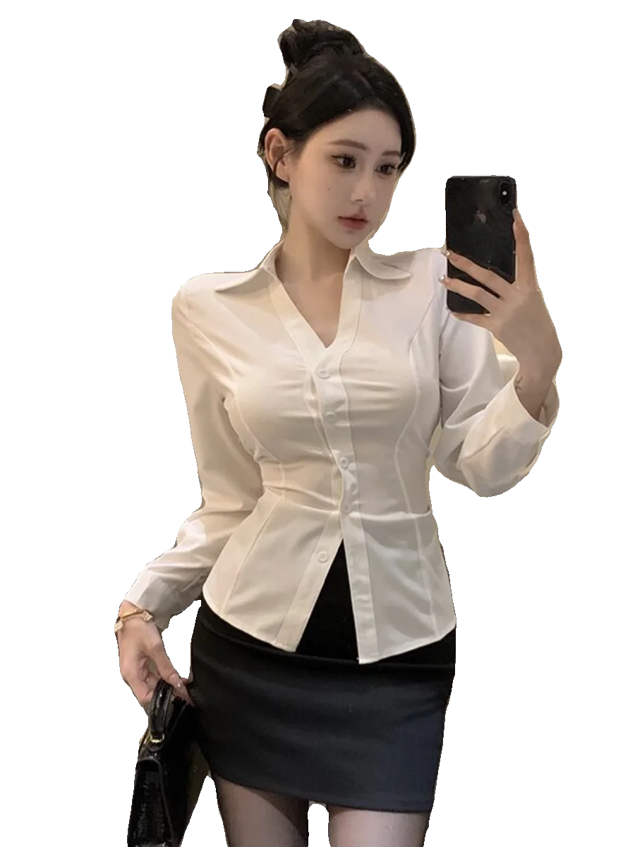 Sexy V-Neck Long Sleeve White Shirt Slimming Secretary OL Uniform Set Professional Workwear Autumn Winter Design High Waist P... view 5