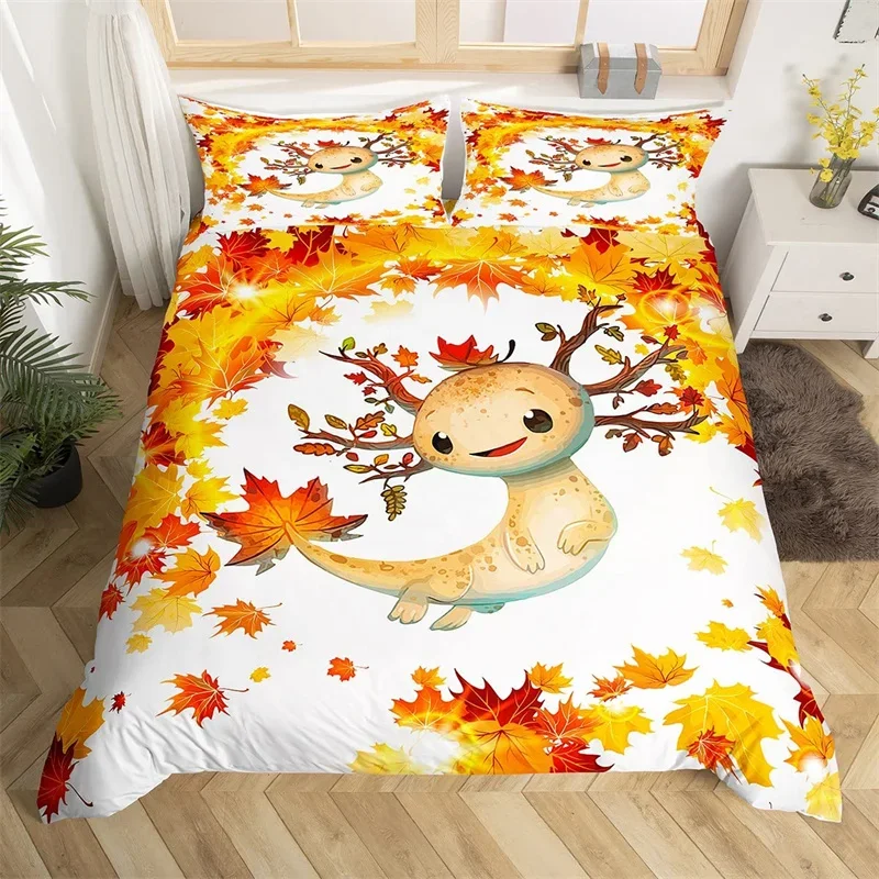 Cartoon Axolotl Bedding Set Maple Leaves Duvet Cover Set Microfiber Kawaii Salamander Sealife Quilt Cover Single For Girls Boys