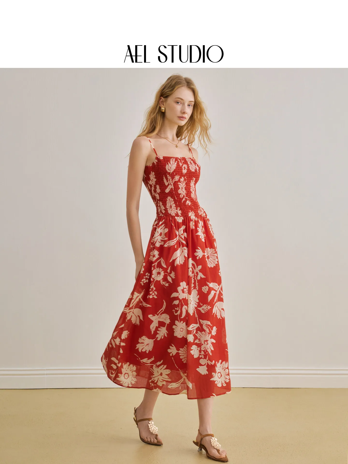 AEL Original Seaside Vacation Style Red Print Suspender Dress 26 Sommer Tailliertes und schmales, elegantes langes Kleid aus reiner Baumwolle – Detail 2