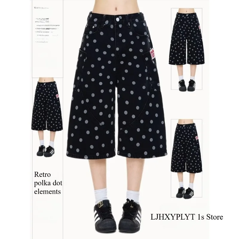 Summer Women's Retro Polka Dots Straight Shorts Young Girl Knee Length Trousers High Waist Pants Female Minimalist Streetwear