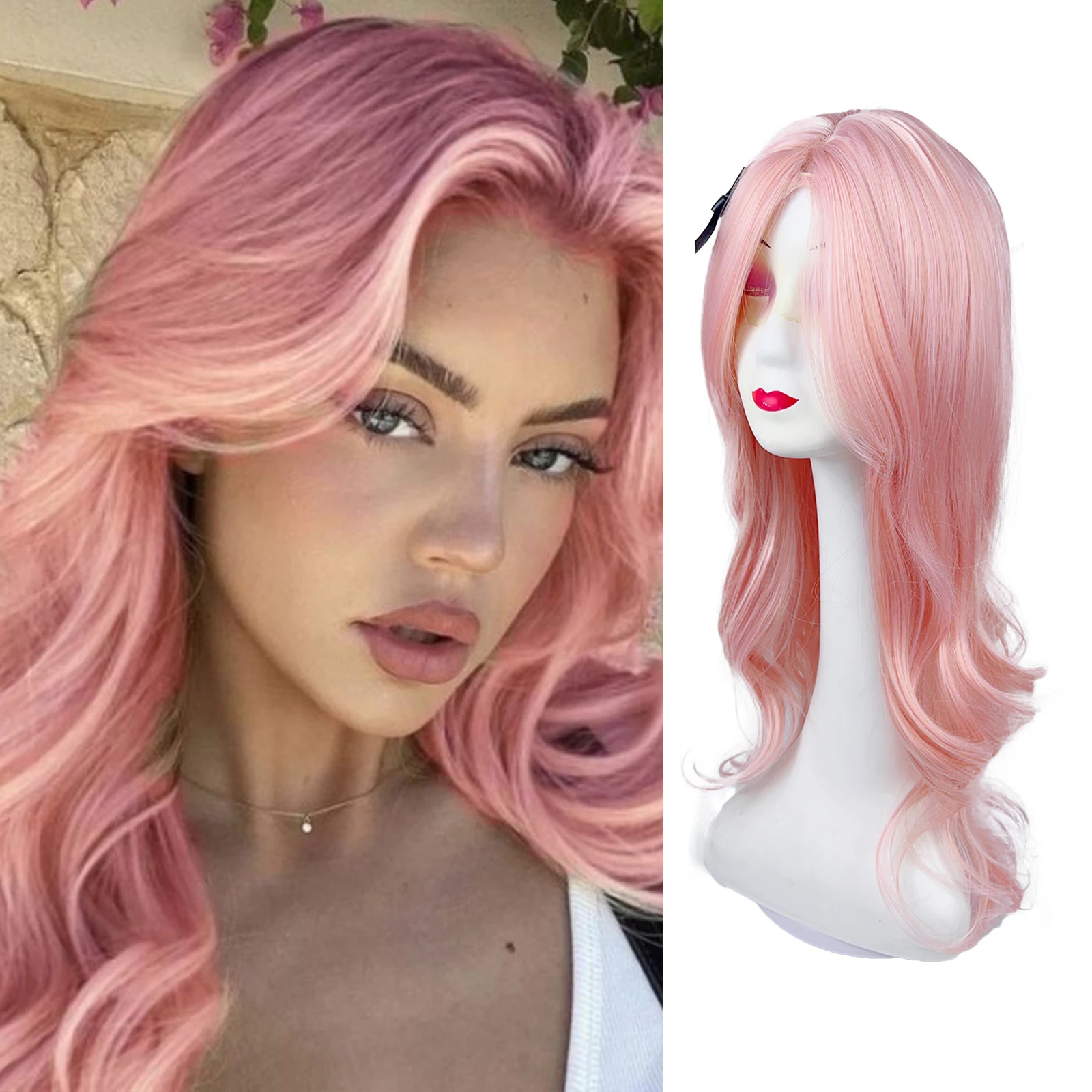 

Long Pink Wavy Wig Middle Part for Women 26 Inch Light Pink Curly Wavy Wigs Natural Looking Synthetic Heat Resistant Fiber Wig