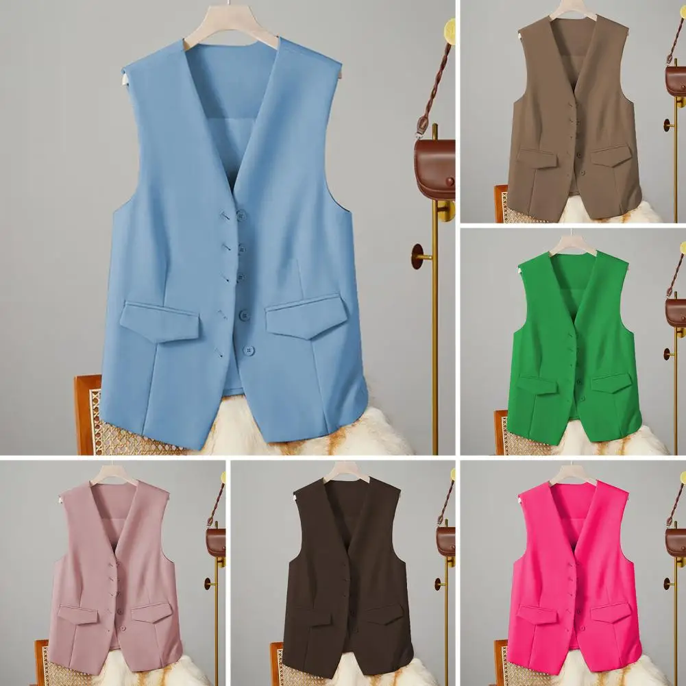 Formal Waistcoat Elegant Women's Single-breasted Waistcoat with V Neck Decorative Pockets Formal Business Style Vest for Office