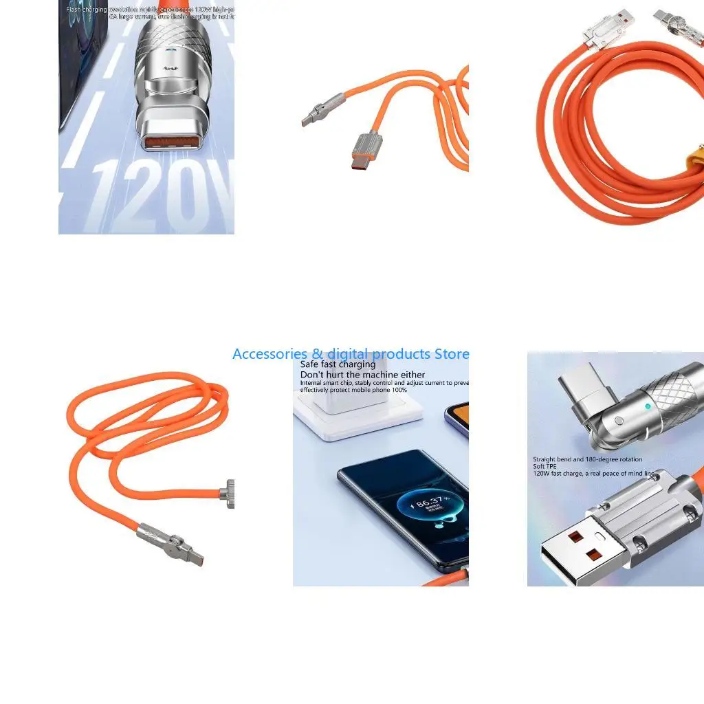 77JD 120W Fast USB Type C Cable 180 Degree Rotation Elbow Cable for Cellphone