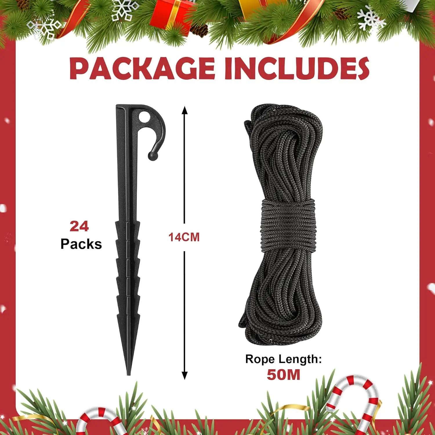 24 Packs Tent Stakes with 50 mteter Nylon Rope, Plastic Inflatable Stakes Set, Garden Decorations Secure Fixing,Tent Anchors