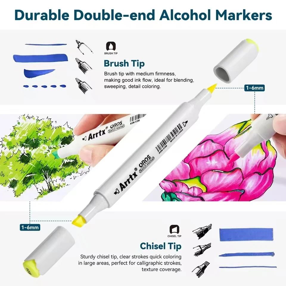 Arrtx Oros 80/90 Colors Brush Tip Alcohol Markers Dual Tips Drawing Pen for Portrait Illustration Manga Design