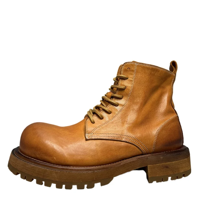 

American Retro Washed Horseskin Thick Soled Heightening Boots Shoes for Male Horse Skin Handmade Goodyear High Top Boots men's