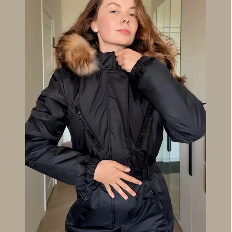 Ski-Overall mit Kunstfellkragen, tailliert, für Damen, sportlich, mit Kapuze, Laternenärmeln, Reißverschlüssen, schmal geschnitten, Winter-Skibekleidung für Damen – Detail 15