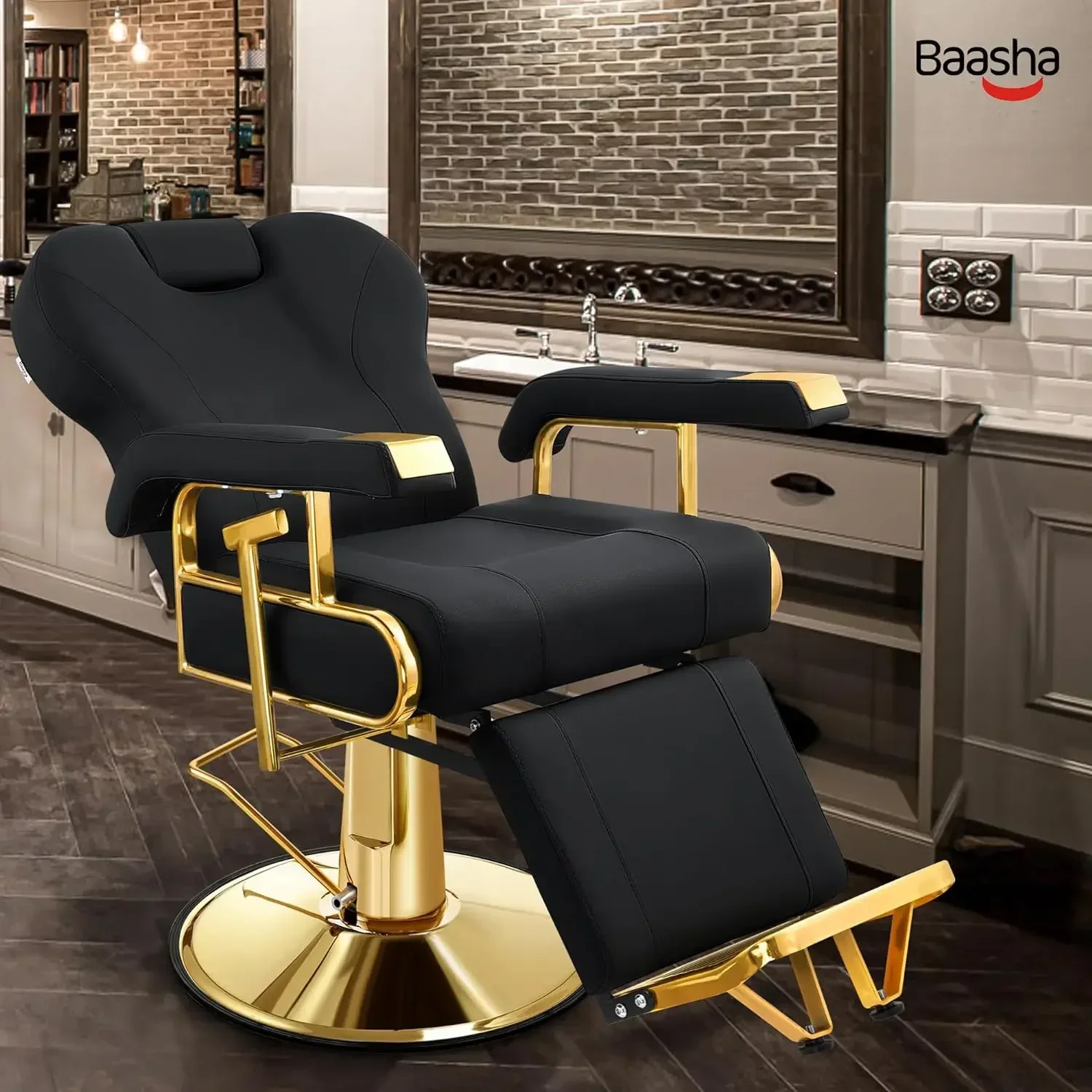 Professional Reclining Salon Chair with Adjustable Backrest, Elegant Black Gold Barber Chair with Heavy Duty Steel Fram