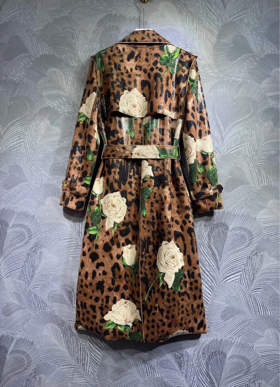 Europe 2023 Autumn Winter Fashion Women High Quality Elegant Floral Leopard Print Belt Trench Coat F242