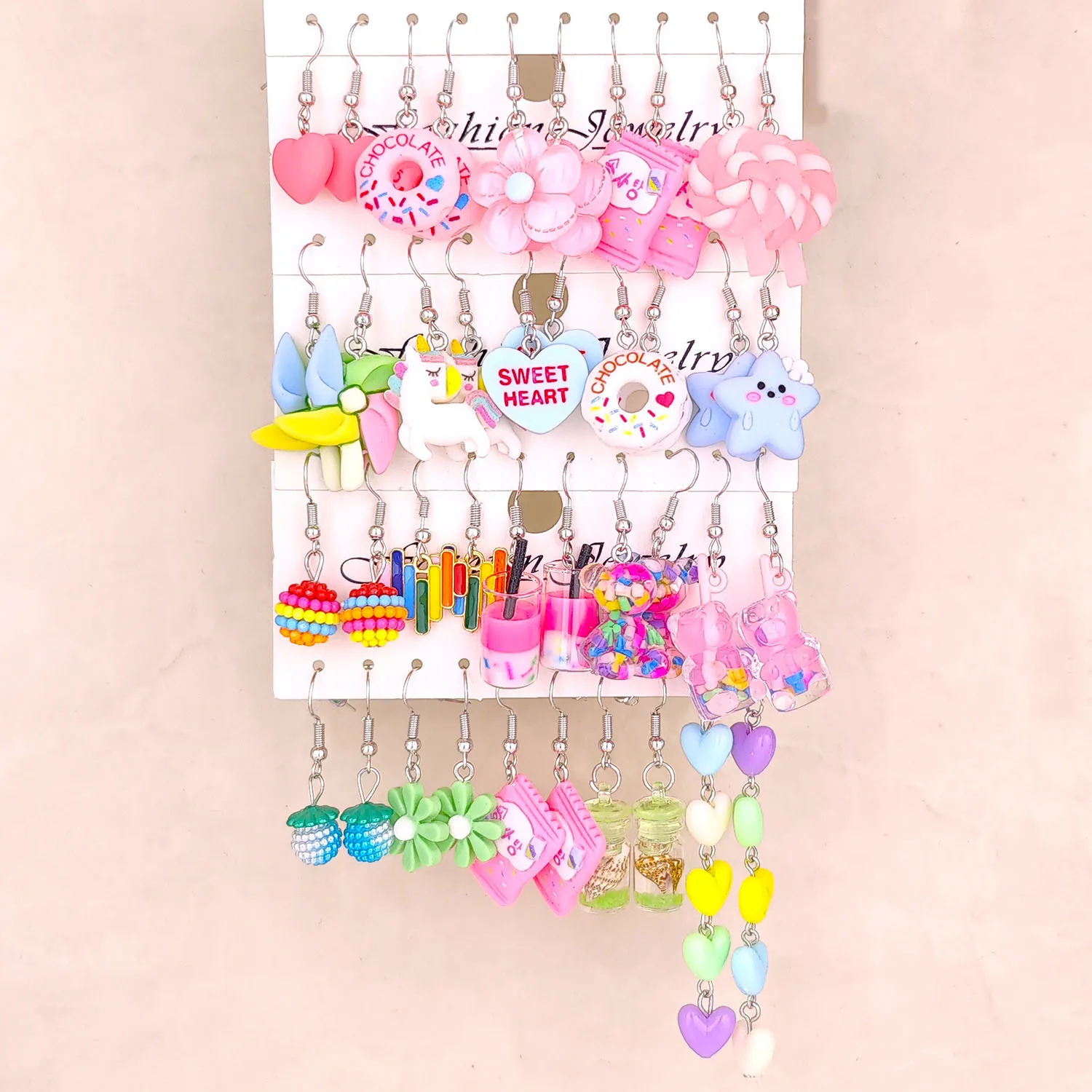 40pcs aretes heart tassel flower pendant earrings with a combination of sweet and colorful wishing bottles candy earrings