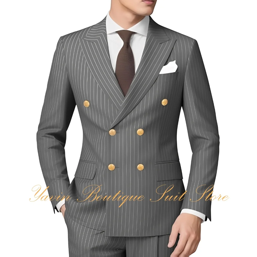 

Business Men's Pinstripe Suit 2 Pieces Double-Breasted Jacket Pants for Wedding Suit Groom Prom Tuxedo Suit Set