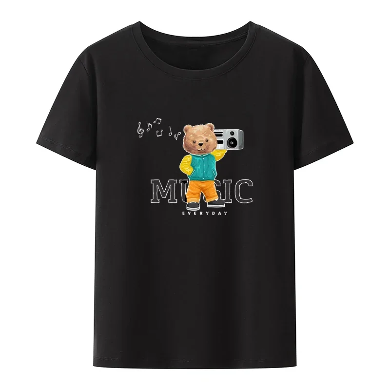 Of Bear Doll In Hip Hop Style Fashion Carrying Tape Recorder on Its Shoulders Cartoon Graphic T Shirts Popular Fashion Shirt