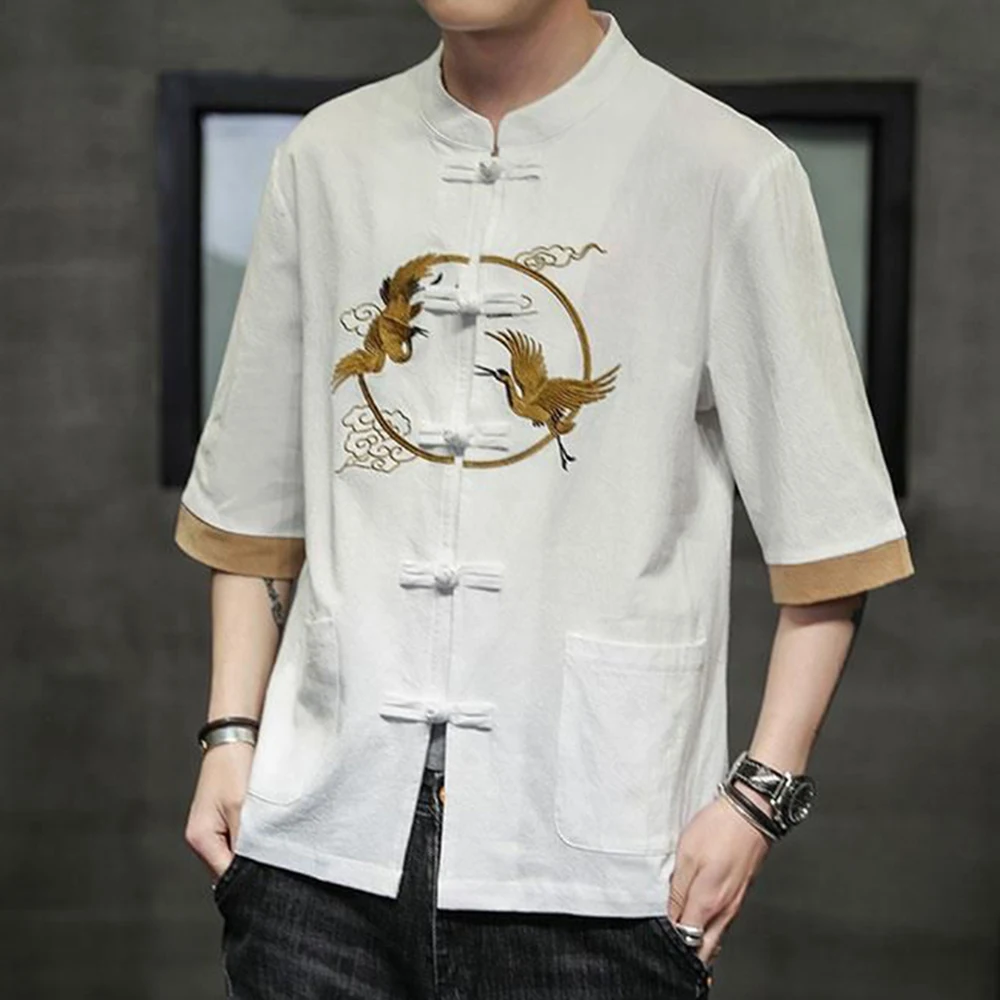 Chinese Style Men Embroidered Short Sleeve Shirts Tang Suit Retro Qipao Tops Cotton Linen Casual Blouse Zen Tea Cardigan Coats