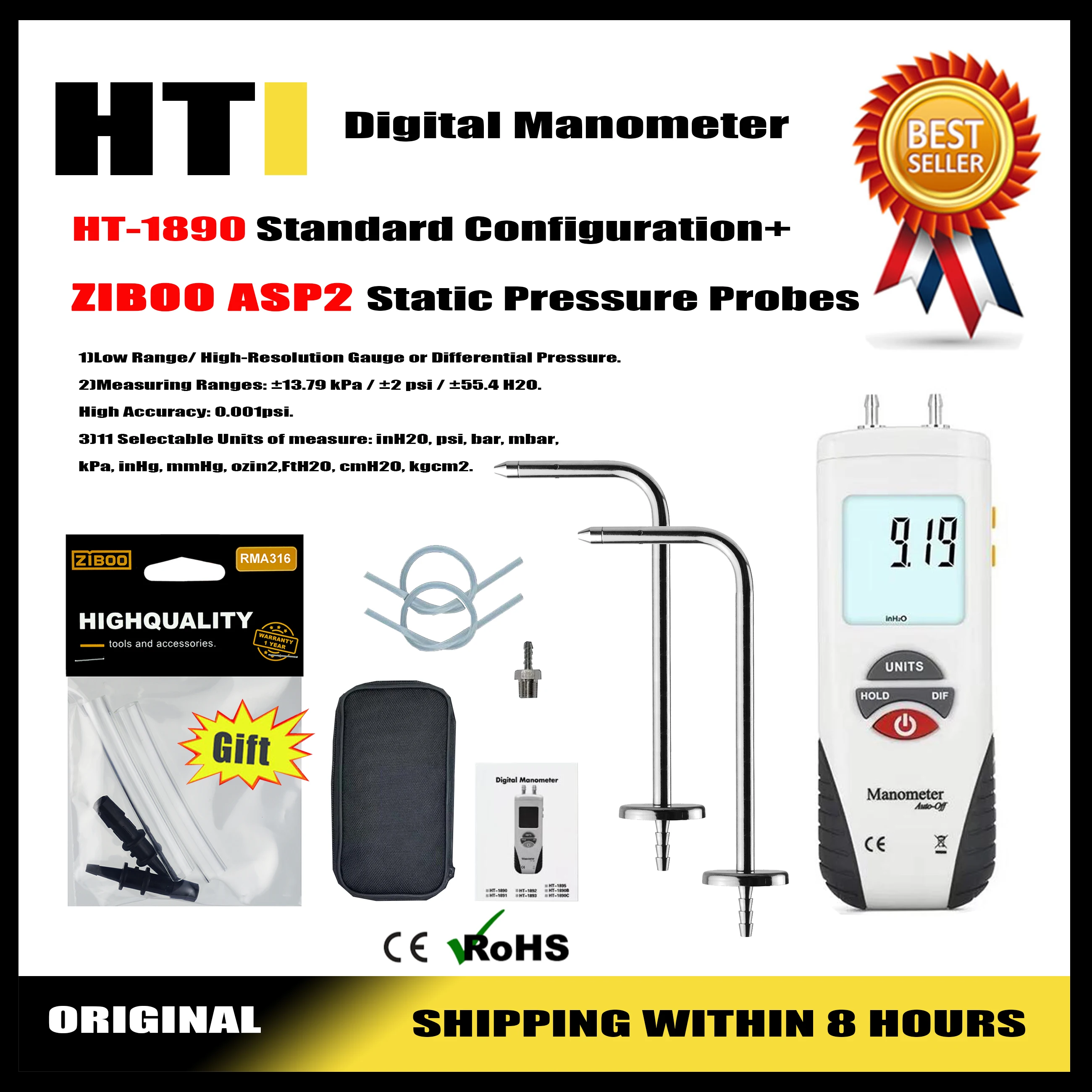 HTI HT-1890 Gas Pressure Gauge Manometer Handheld Digital Manometer Dual Port HVAC Gas Teste Meter Static Pressure Probes .