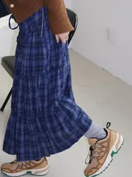 Spring New Arrival Dongda Gate Retro Plaid Ruffle Splicing Skirt Long Dress Japanese Style Half-length Women's Fashionable Sk...