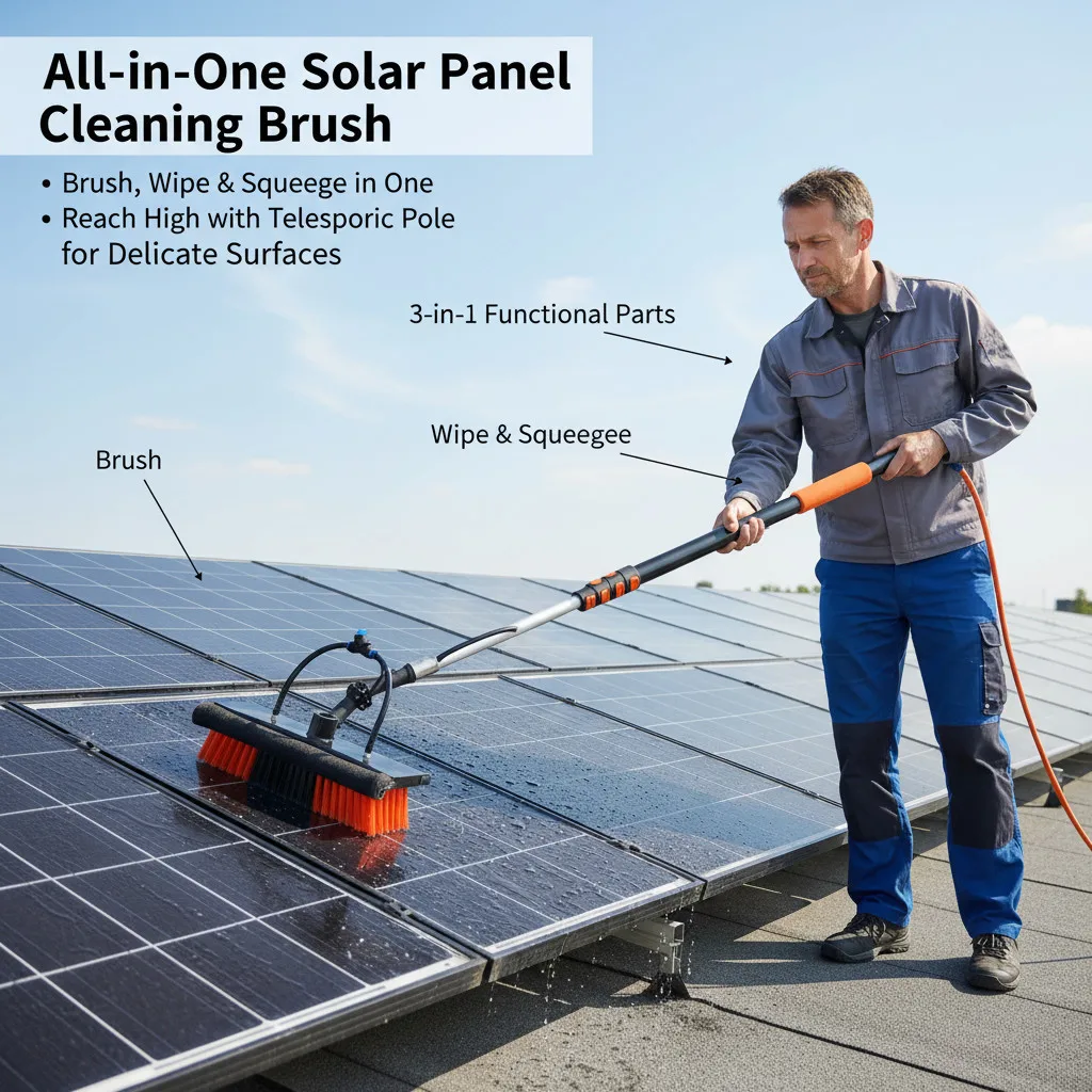 

Набор для очистки солнечных панелей с подачей воды: телескопическая щетка-стеклоочиститель с ракелем для фотоэлектрических панелей