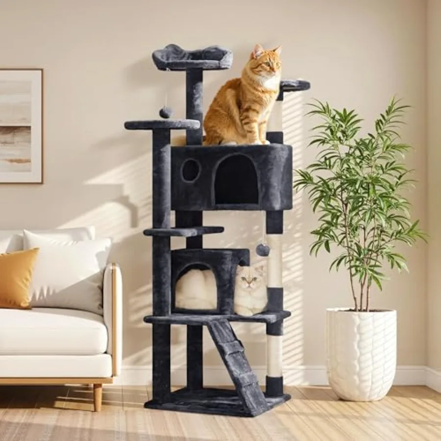 Cat Tree Tower, Double Condo, Multi Platforms, Scratch Posts Multi-level layout, plush balls, easy assembly, anti-wobble base,