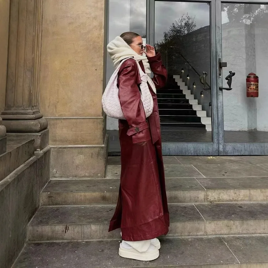 ロングレザーレディースコート 2025 春秋 ファッション ルーズ ストリートスタイル レディースコート