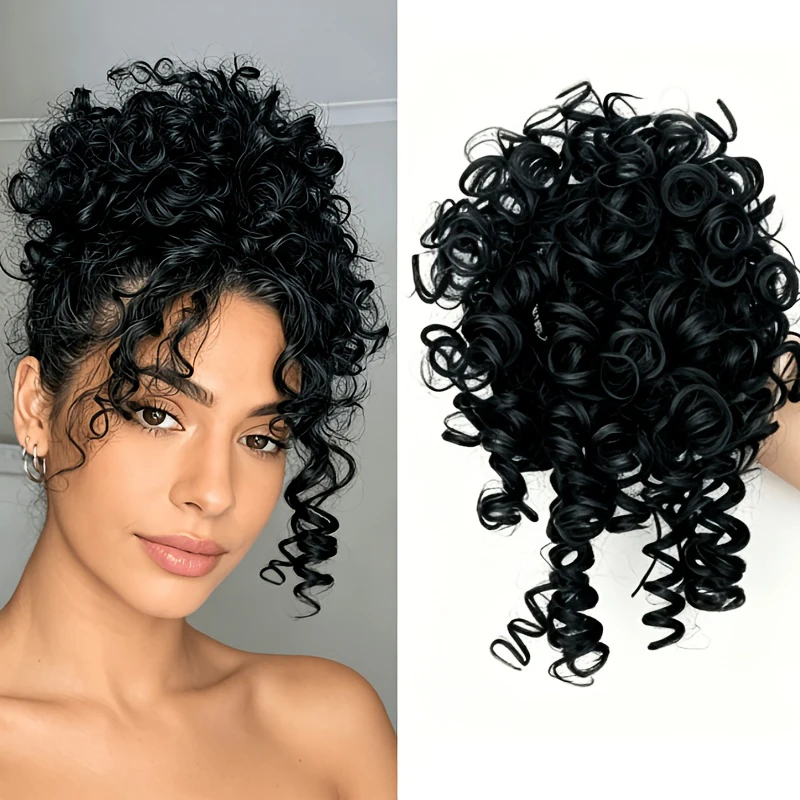 Short Wave Curly Elastic Drawstrin Hair Buns Ponytail Synthetic Messy Bun Chignon Extensions  8 Inch Puffy Curly False Hairpiece
