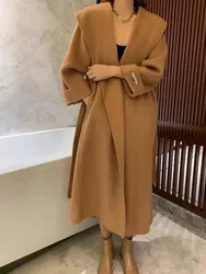 Black Double-Sided Woolen Coat Elegant Commuter Long Belt Slim Jacket Winter High Quality Large Collar Loose Wool Coats Women