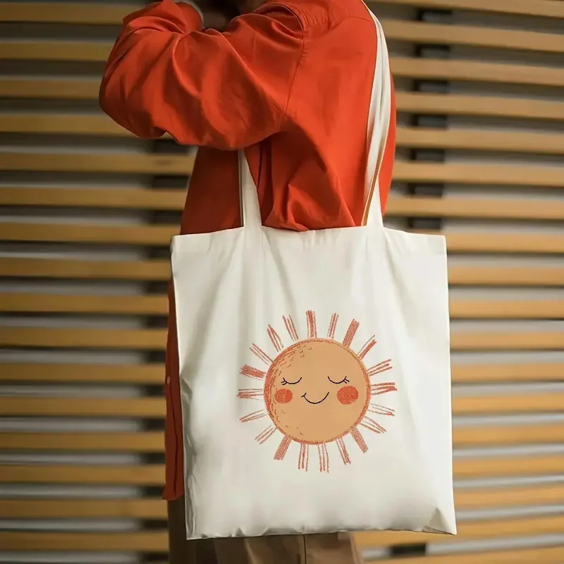 

Cartoon Sun Smiling Face Tote Bag Cute Cheerful Women Daily Canvas Reusable Eco-friendly Fashion Canvas Shoulder Bag
