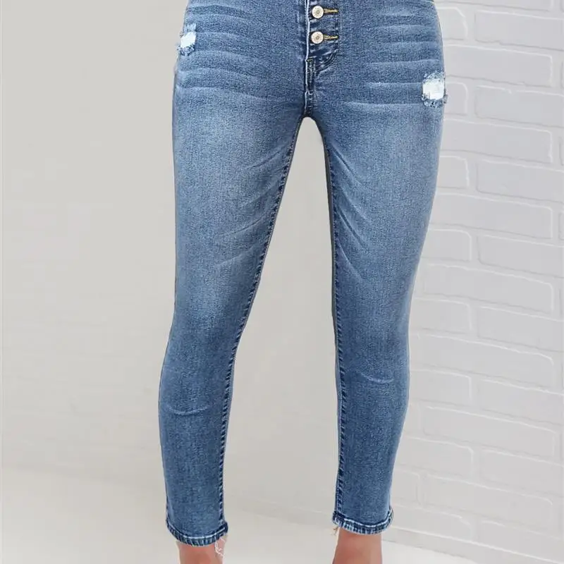 Nieuwe hoge elastische damesjeans, slim fit, perforatorknop, lange broek, grensoverschrijdende denim, faionable damesbroek