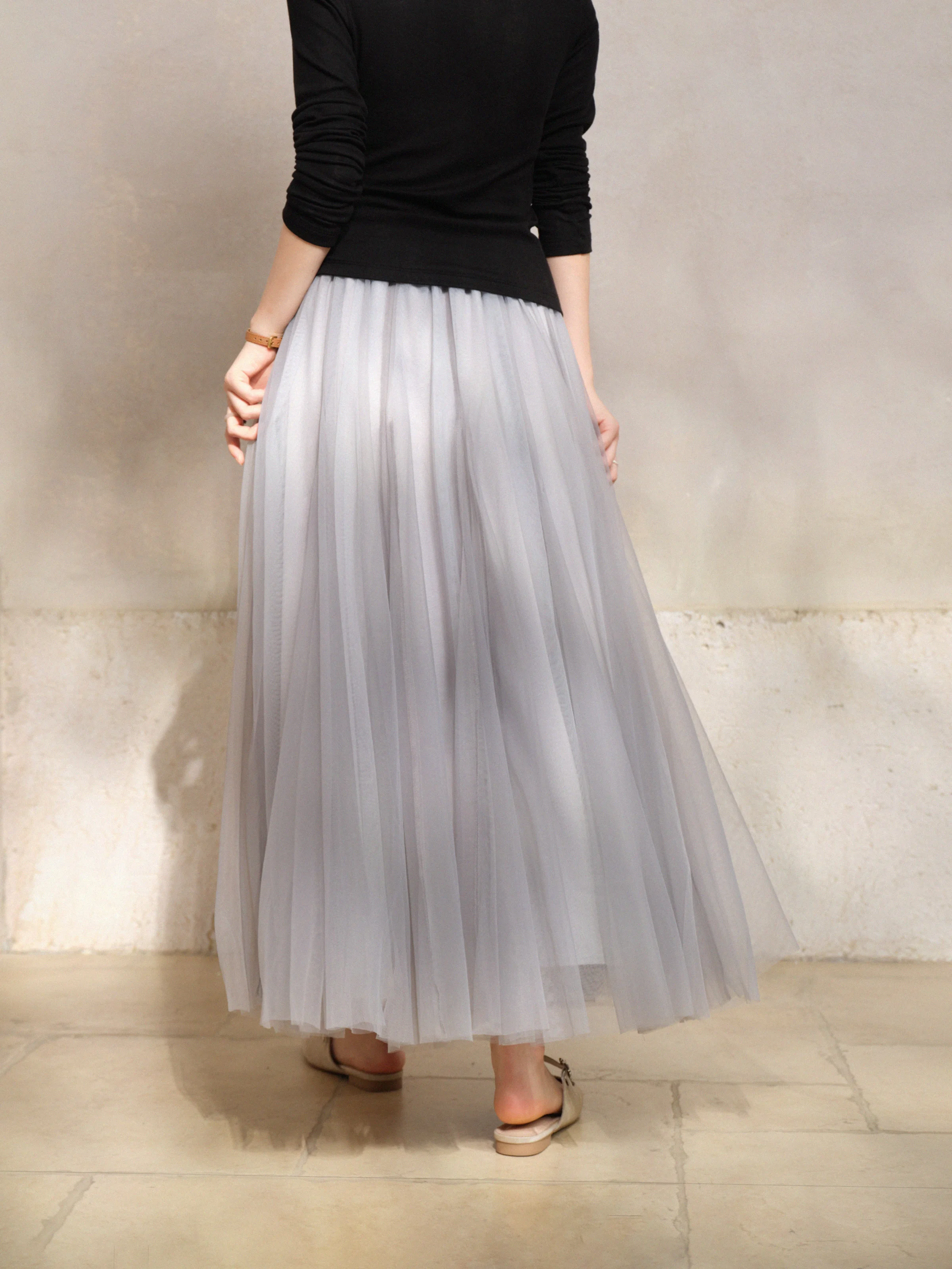 Falda elegante de malla de cintura alta, falda larga de tul Vintage para mujer, falda larga acampanada de otoño para aspecto informal diario o de fiesta