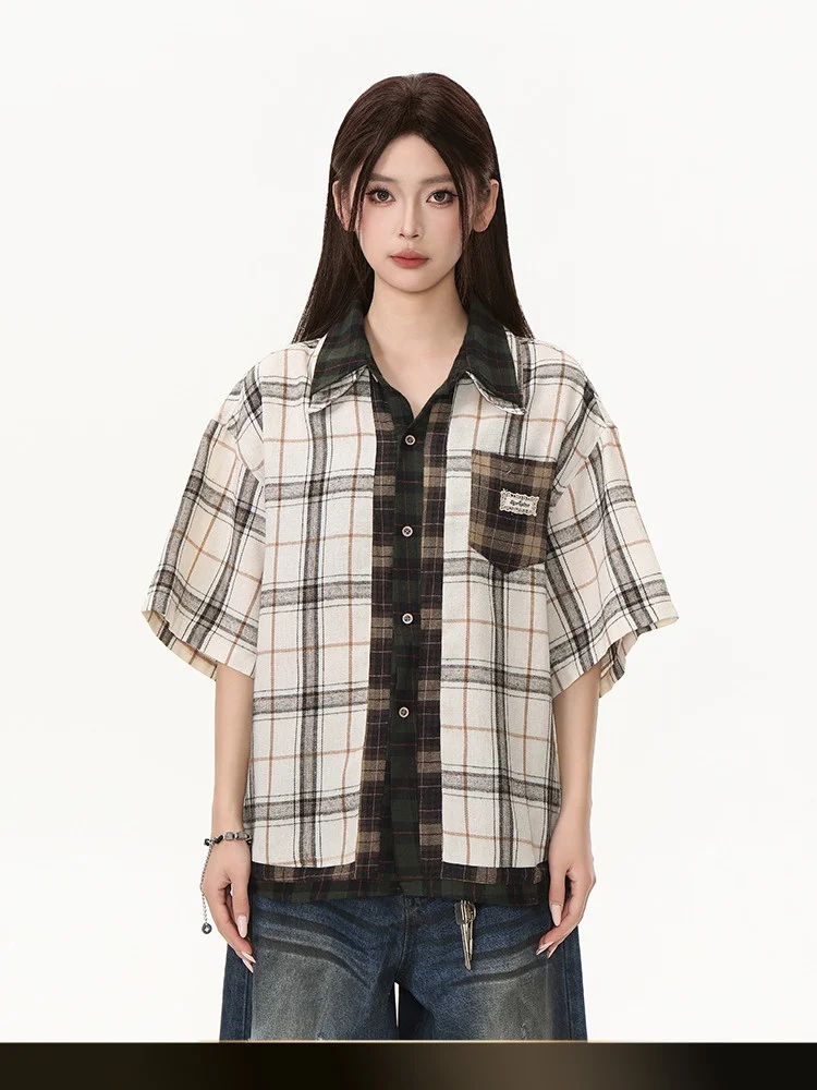 

Мужская рубашка в американском ретро-стиле с цветовыми блоками, двойным воротником и коротким рукавом, летняя, свободного кроя, для пар, верхняя одежда из хлопка, молодежная мода