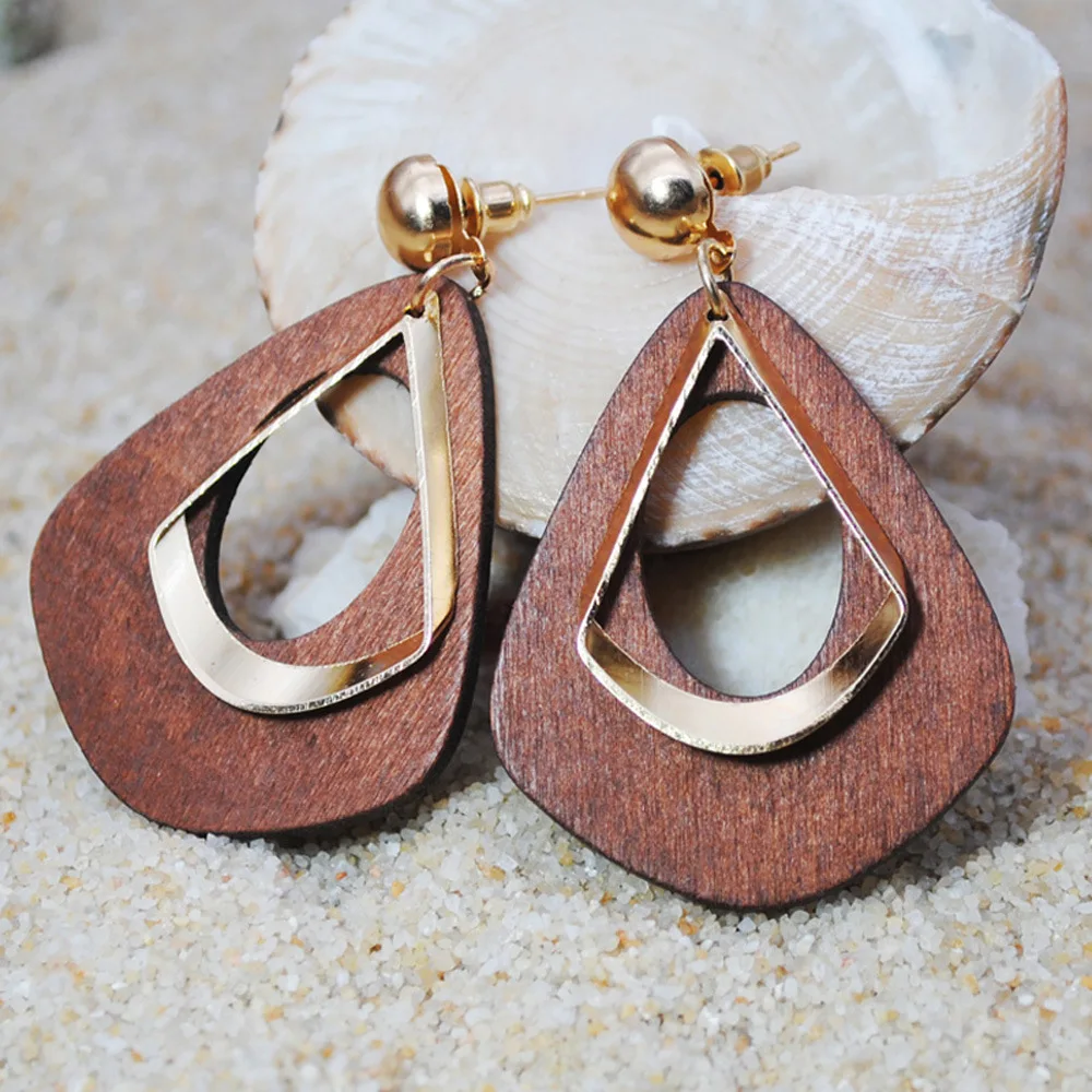 Trendy Vintage Wooden Water-drop with Metal Hollow Long Drop Earrings for Women Bohemian Statement Earrings Party Jewelry Gift