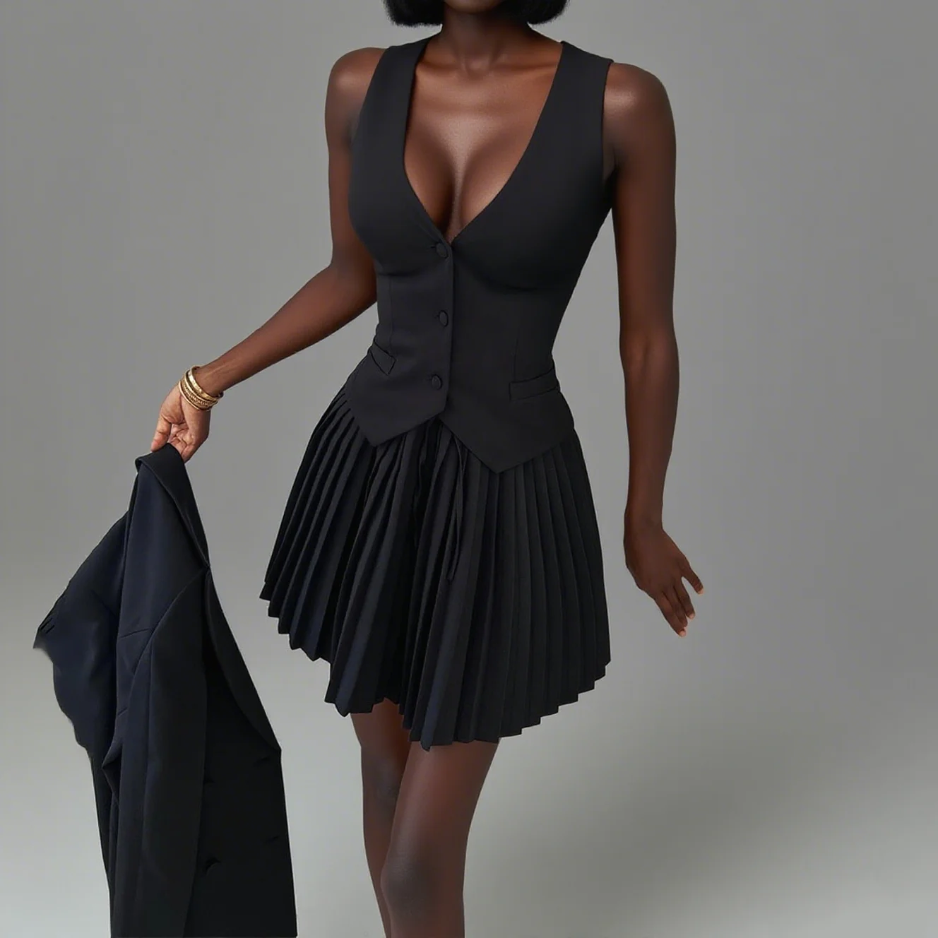 Moda feminina estilo rua com decote em v único breasted colete superior e mini saia plissada conjunto de duas peças inspirado europeu e americano