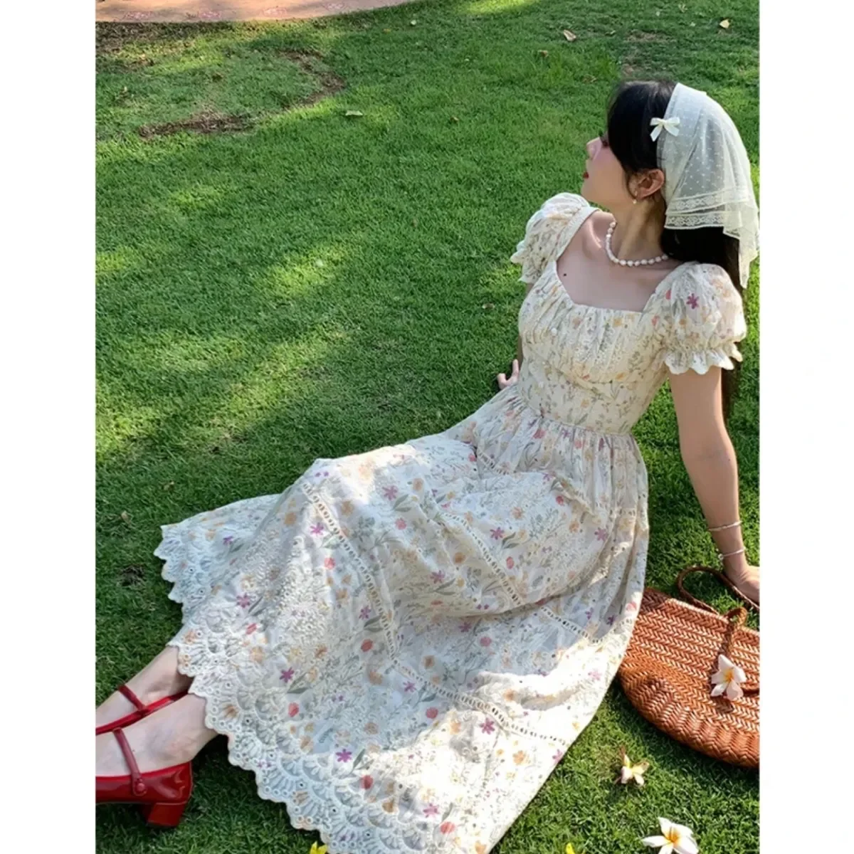 MAGOGO French Romantic Pastoral Style Floral Dress Women Summer Sweet Embroidered Square Collar Bubble Sleeve A- Line Long Dress