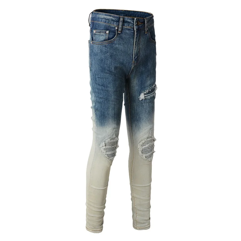 New Men's High Street Distressed Destroyed Ribs Patchwork Holes Stretch Slim Pleated Patches Gradient Washed Ripped blue Jeans