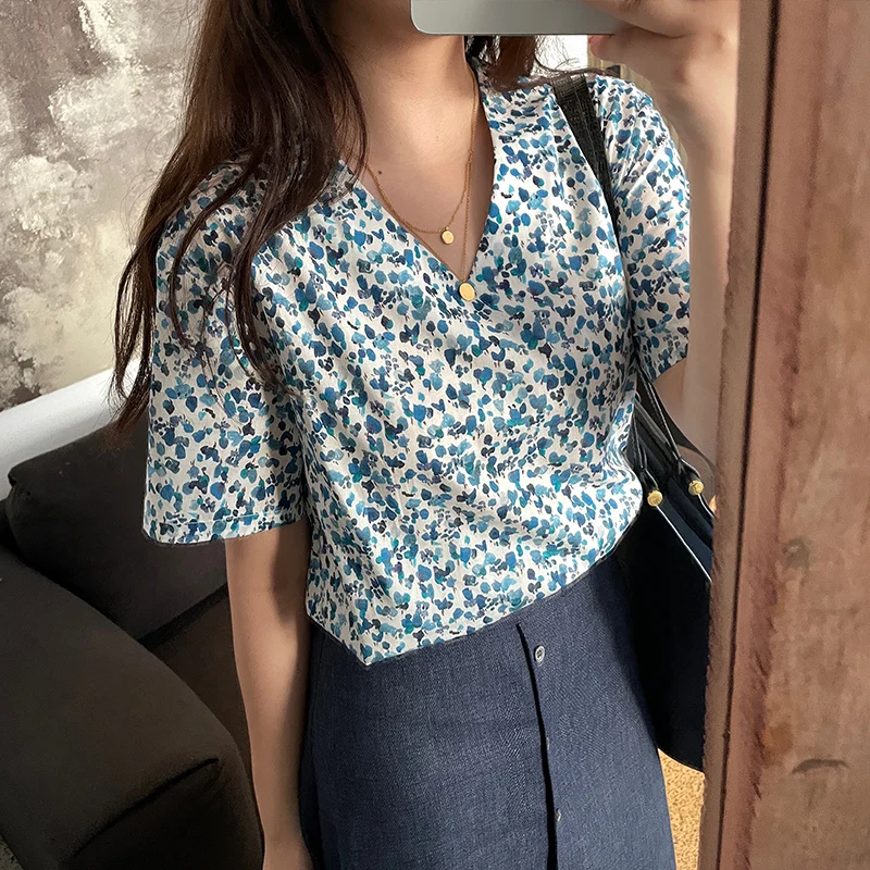 

V-Ne ort Sve T-irt Pure Cotton Floral Print Women's Top Breathable Comfortable Spring Summer Casual irt