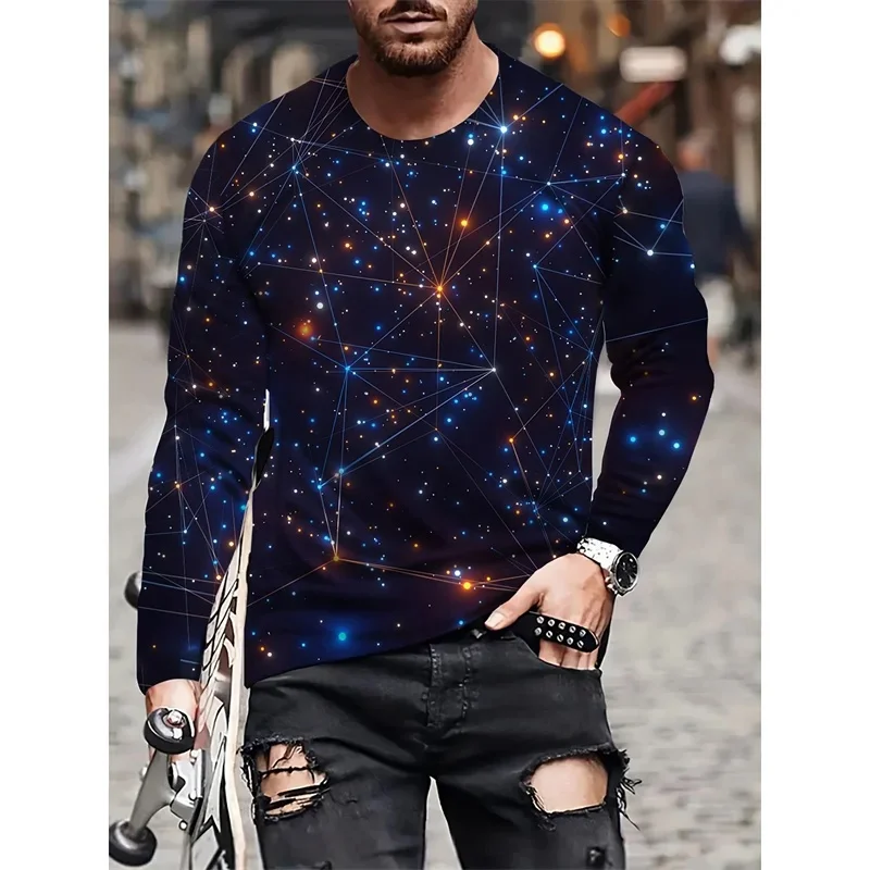 Golden Stripes Pattern T-Shirt For Men Flower Starry Sky 3D Printed T Shirts Autumn Casual Long Sleeves Loose O-Neck Tops Tees
