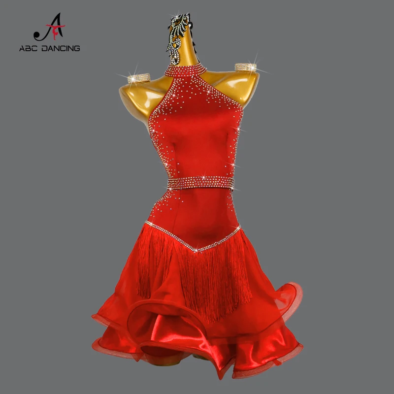 New Red Latin Dance Competition Dress Sexy gonna senza spalline per le donne Diamond spedizione gratuita abbigliamento da sala da ballo per ragazza linea Midi Cha Nuovi prodotti e serie Personalizzazione Avanzata Moda