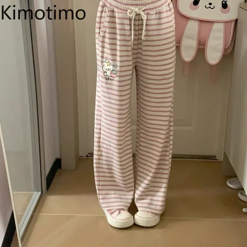 

Kimotimo Cute Cartoon Print Striped Long Pant Women Japanese Sweet Casual Straight Wide Leg Trousers Y2k Aaesthetic Sweatpants