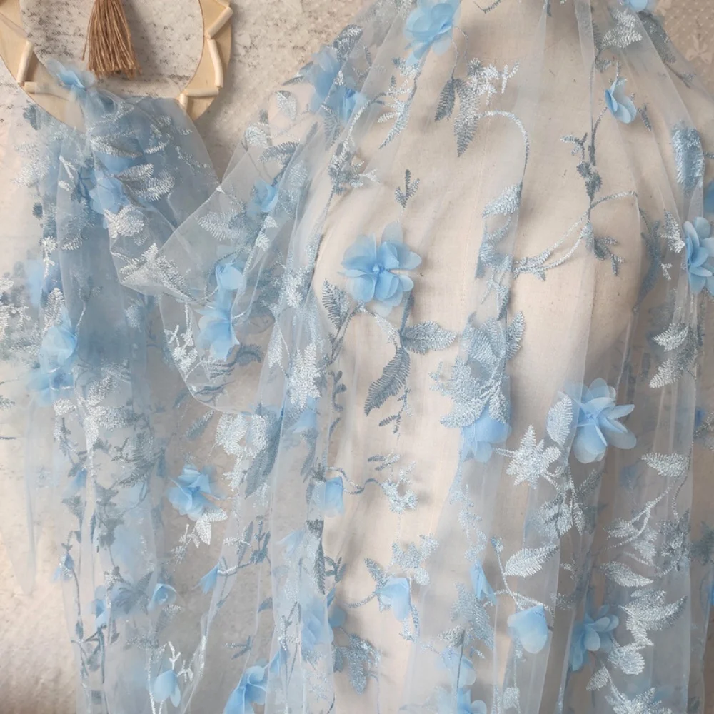 8 Colors 3D Floral Lace Trim Embroidered Tulle Fabric for Dresses Premium Bridal Women's Apparel Curtain Material