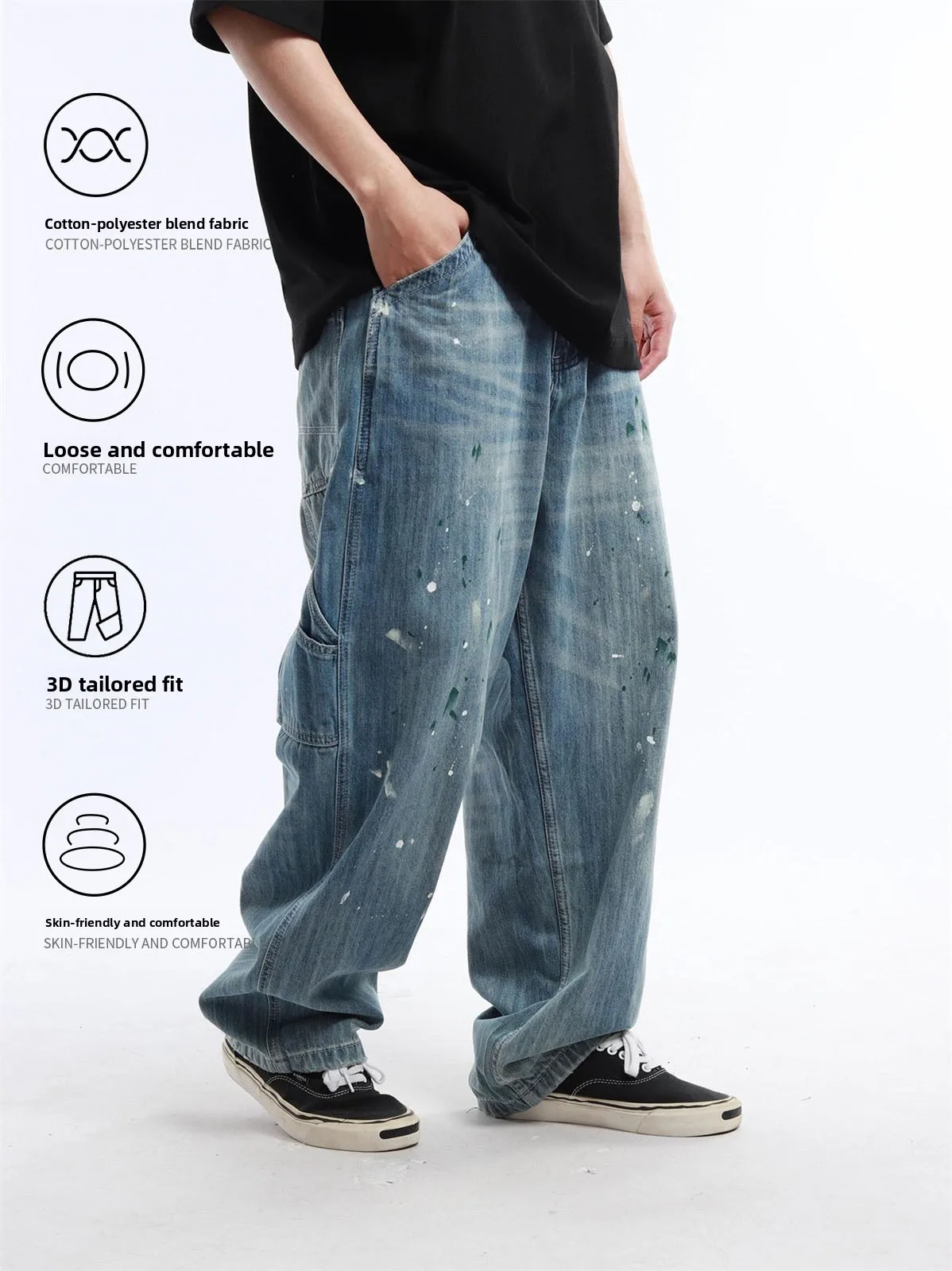 Reknat Casual Hand-Washed Denim Jeans Straight Leg Multi-Season Mid-Waist for Men Women Students Couples Fashion Urban Wear