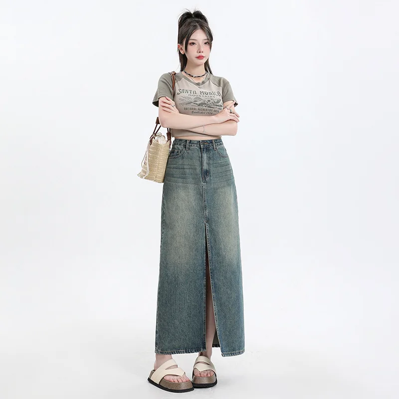 تنورة Boweylun عالية الخصر من قماش الدنيم القديم بنصف الجسم للنساء للربيع والصيف تنورة فضفاضة على شكل حرف a للفتيات