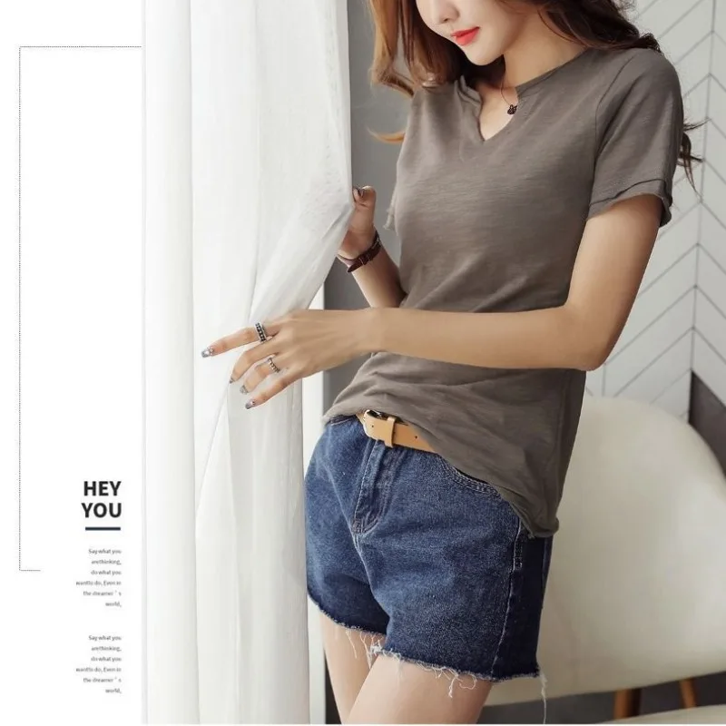 Summer T-shirt for Women Short Sleeve New Korean Fit V-neck Female Clothing Cotton Pullover Solid Fashion Casual Tops