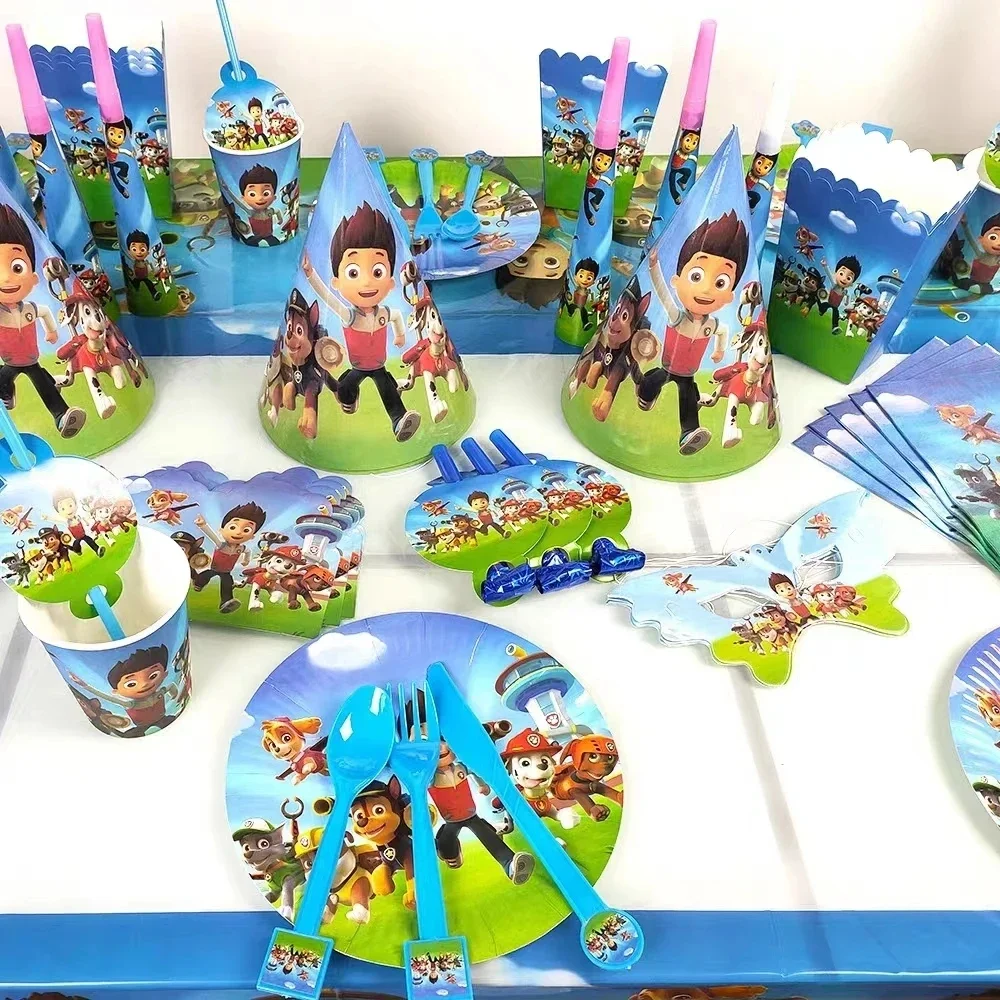 Paw Patrol Verjaardagsfeestje Decoratie Servies Set Stickers Banner   Tafelkleed Achtergrond Blauwe Ballonnen Sleutelhanger Kinderfeestartikelen