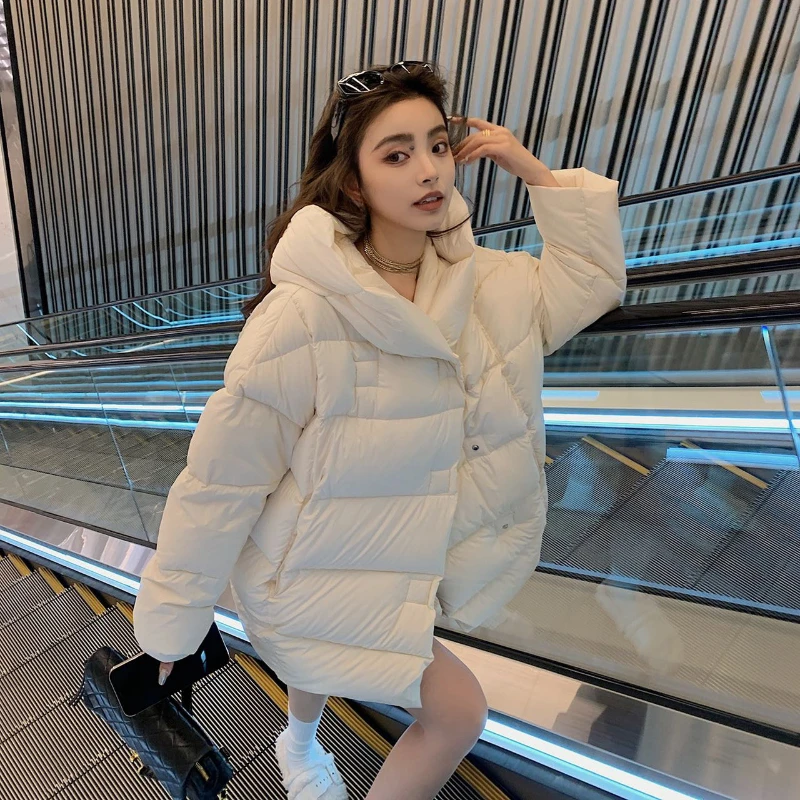 Women\'s Korean Feather Coats, Hooded Jacket Mid-length Windproof Puffer Coats Casual Simple Fashion Down Jackets Warm Outerwears